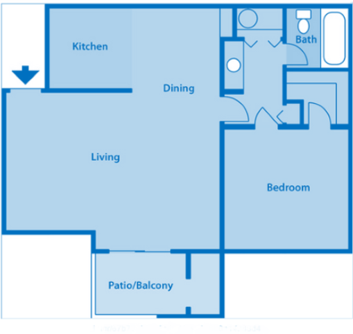 Floor plan for 1 bed, 1 bath, 758 sqft